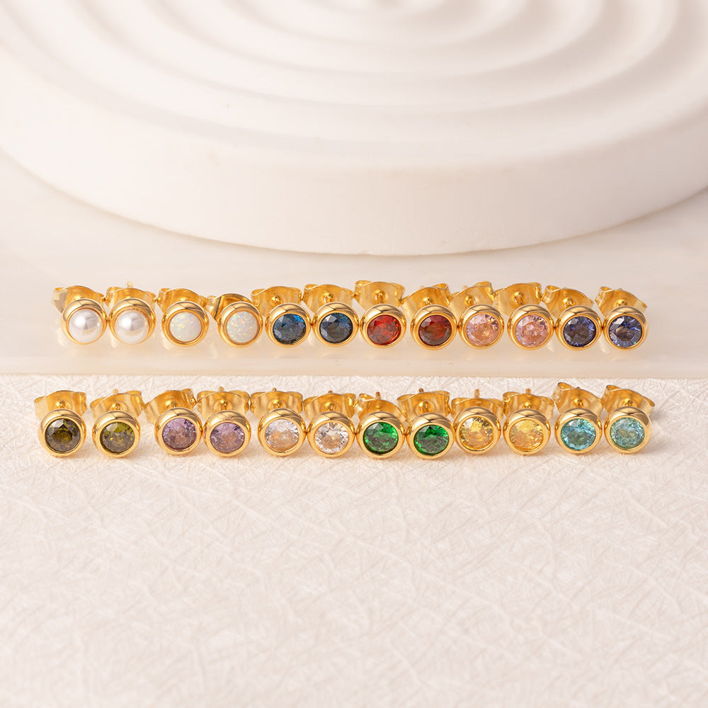 Women's Round Stainless Steel Zircon Trendy Versatile Real Gold Stud Earrings