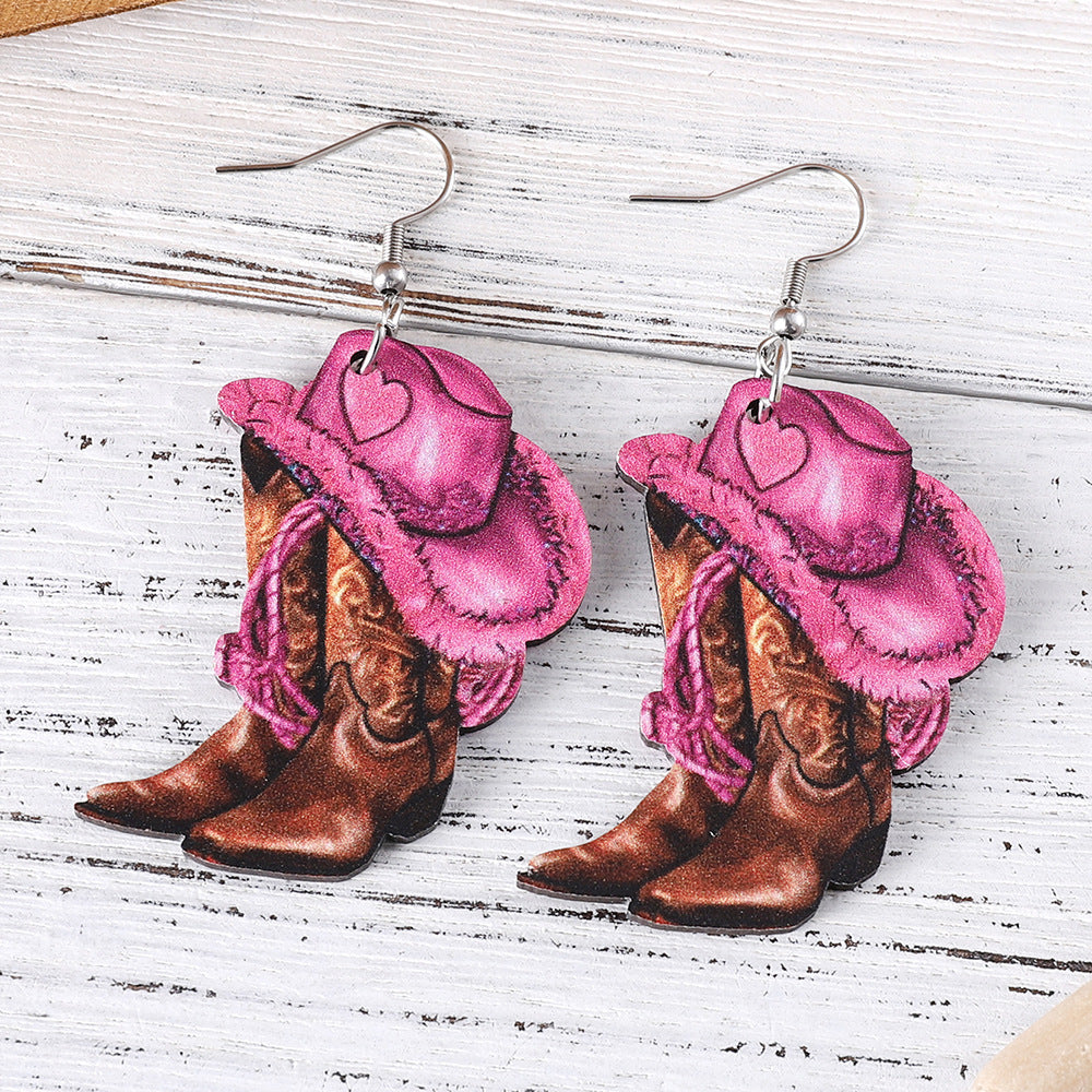 Women's Western Style Pink Denim Hat Cowboy Earrings