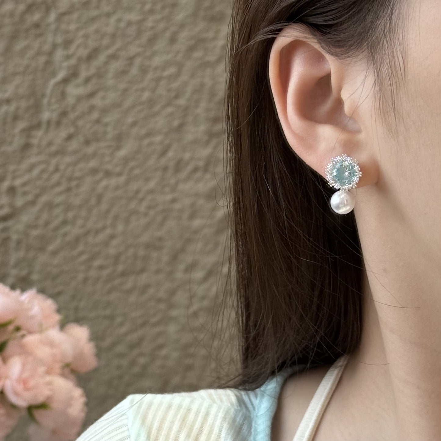 Women's Clear Blue Zirconium Pearl Pink Flower Multi Optional Earrings