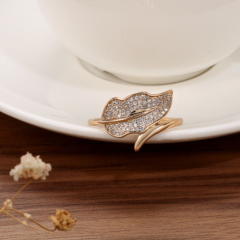 Gold Zircon Simple Fresh Small Leaf Rings