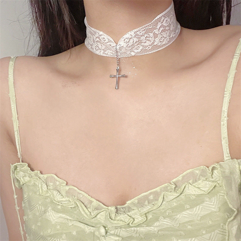 Wide Brim Lace Temperament Cross Girlish Style Sweet Cool Necklace
