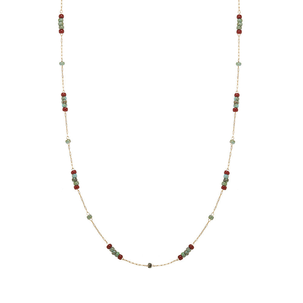 Turquoise Grain Glass Wine Red Contrast Color Beaded Titanium Steel Necklaces