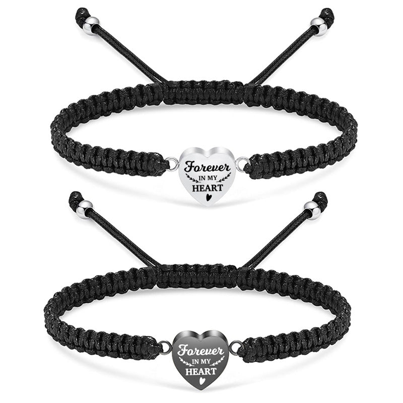 Heart-shaped Cinerary Casket Black Braided Rope Adjustable Stainless Steel Lettering Bracelet