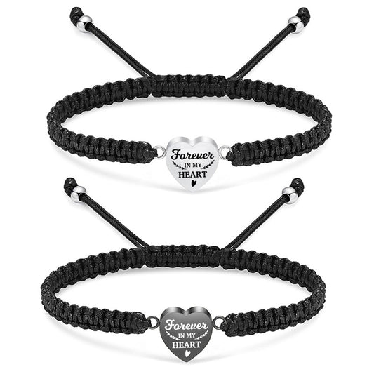 Heart-shaped Cinerary Casket Black Braided Rope Adjustable Stainless Steel Lettering Bracelet