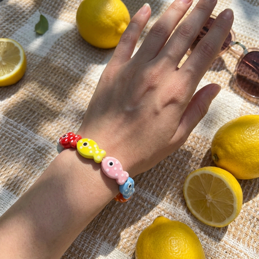 Summer Dopamine Color Ceramic Fish Childlike Cute Heart Beaded Niche Bracelet