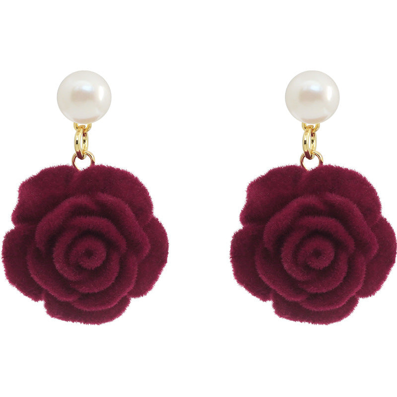 Women's Retro Style Veet Red Rose Ear Stud Earrings