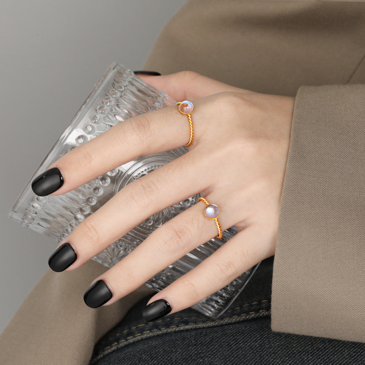 Women's Luxury Fashion Personality Moonstone Twist Titanium Rings