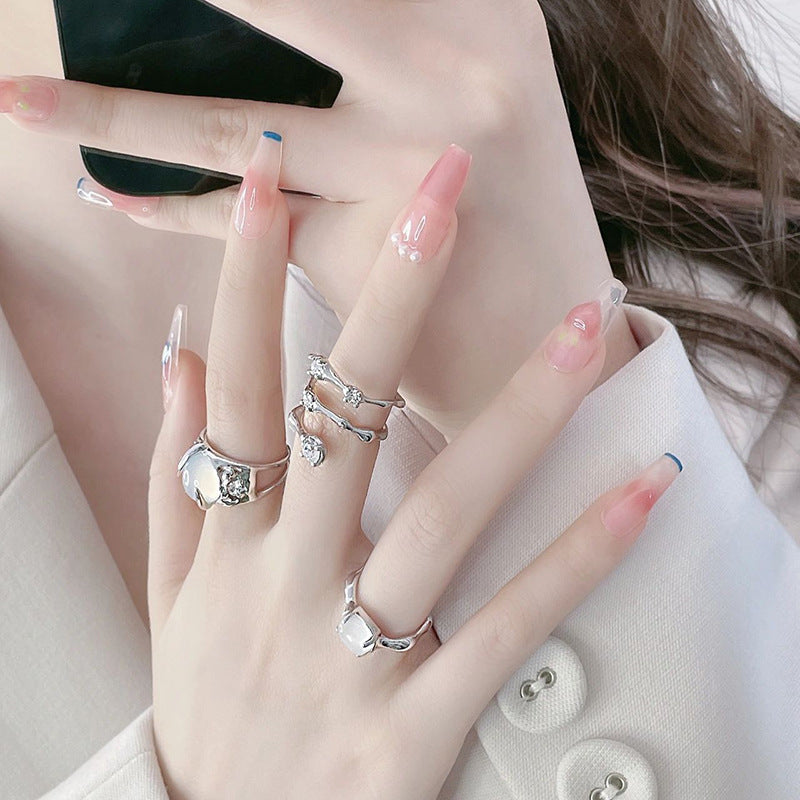 Niche Design Moonstone Advanced Sense Rhinestone Zircon French Open Rings