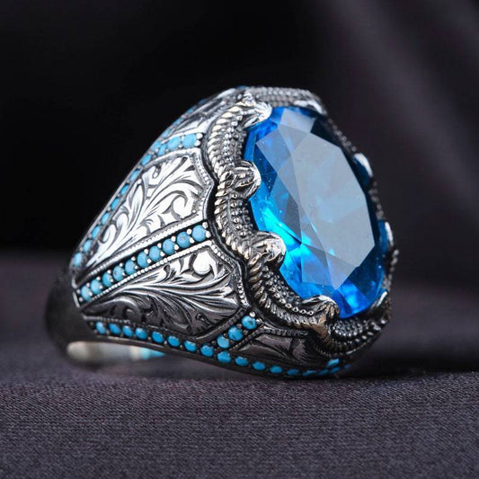 Artisan Grandmother Blue Zircon Retro Man's Ring