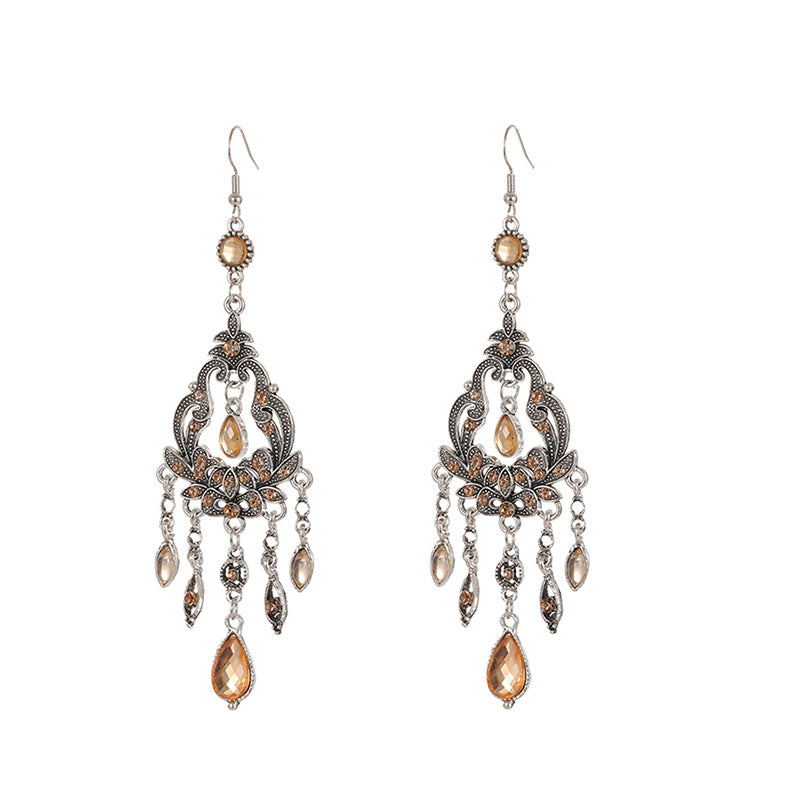 Smoky Rain Daisy Long Chinese Style Jeweled Texture Drop-shaped Earrings