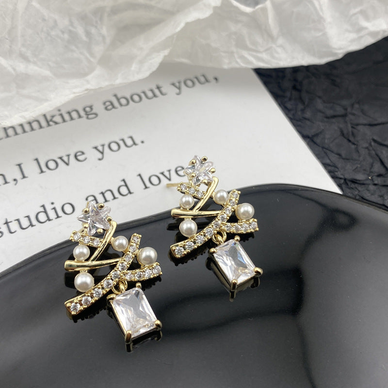 Christmas Light Luxury Pentagram Unique Cross Geometric Square Zircon Tree Stud Earrings