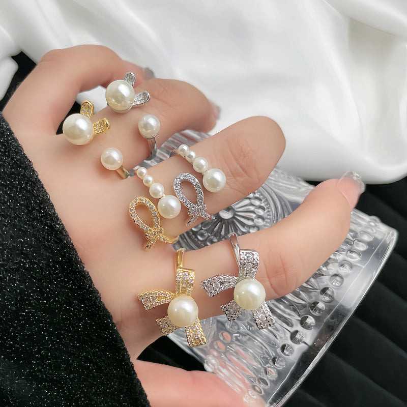Sweet Cool Bow Open-end Pearl Female Korean Rabbit Rings