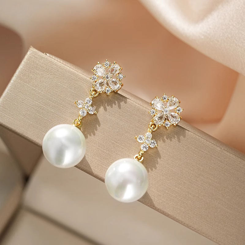 Snowflake Zircon Light Luxury Tassel Long Pearl Elegant Stud Earrings