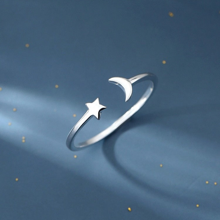 Sier Star Moon Design Simple Opening Ring