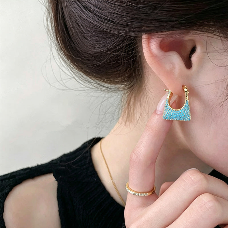 Women's French Retro Turquoise Full Diamond Bag Ear Clip Light Luxury Earrings