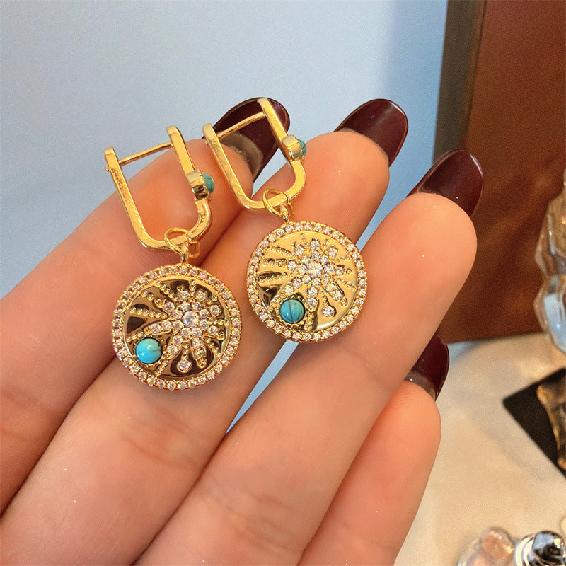 Style Micro Inlaid Turquoise Light Luxury Ancient Temperament Ear Clip Earrings