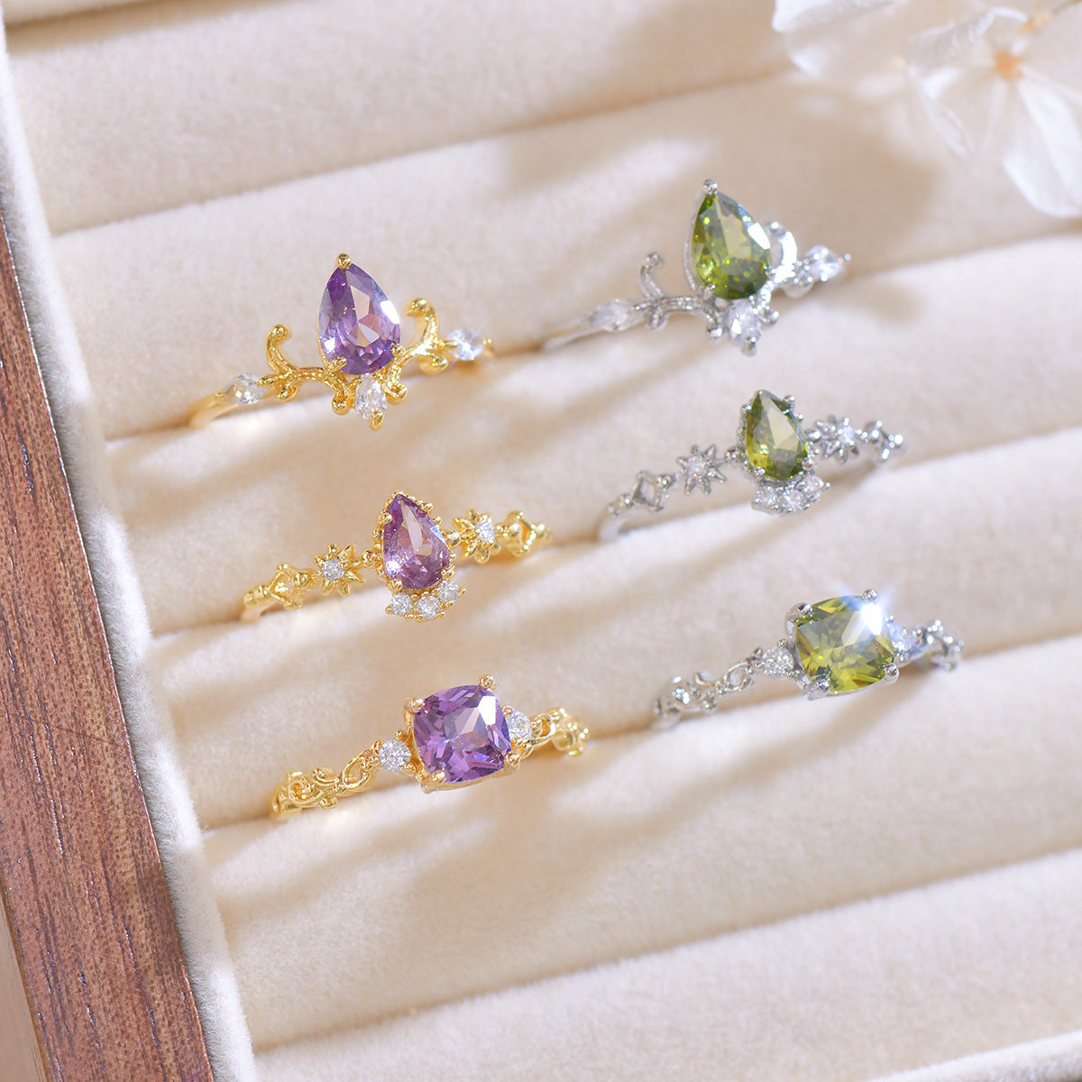 Flower Branch Design Water Drop Zircon Olive Green Purple Rings