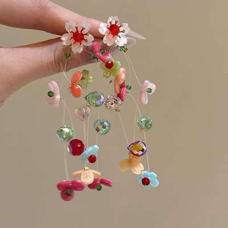 Dopamine Vacation Style Sier Needle Bead Flower Delicate Indie Earrings