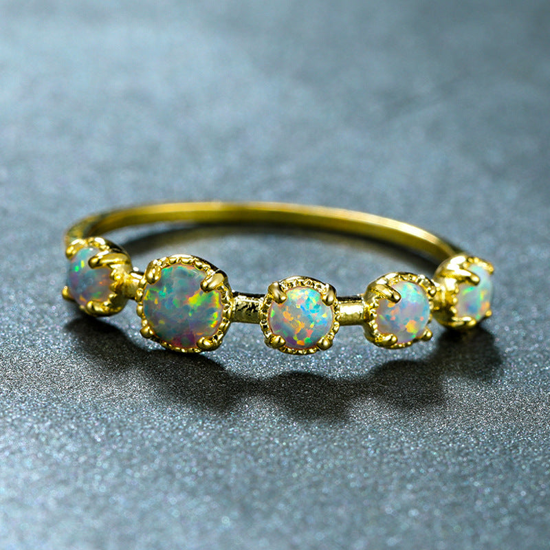 Golden Five Round Opal Female Simple Ring