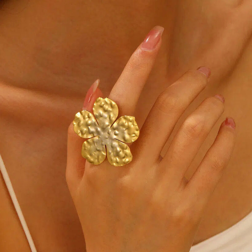 Steel Flower Leaf Female Exaggerated Personalized Hollow Ring