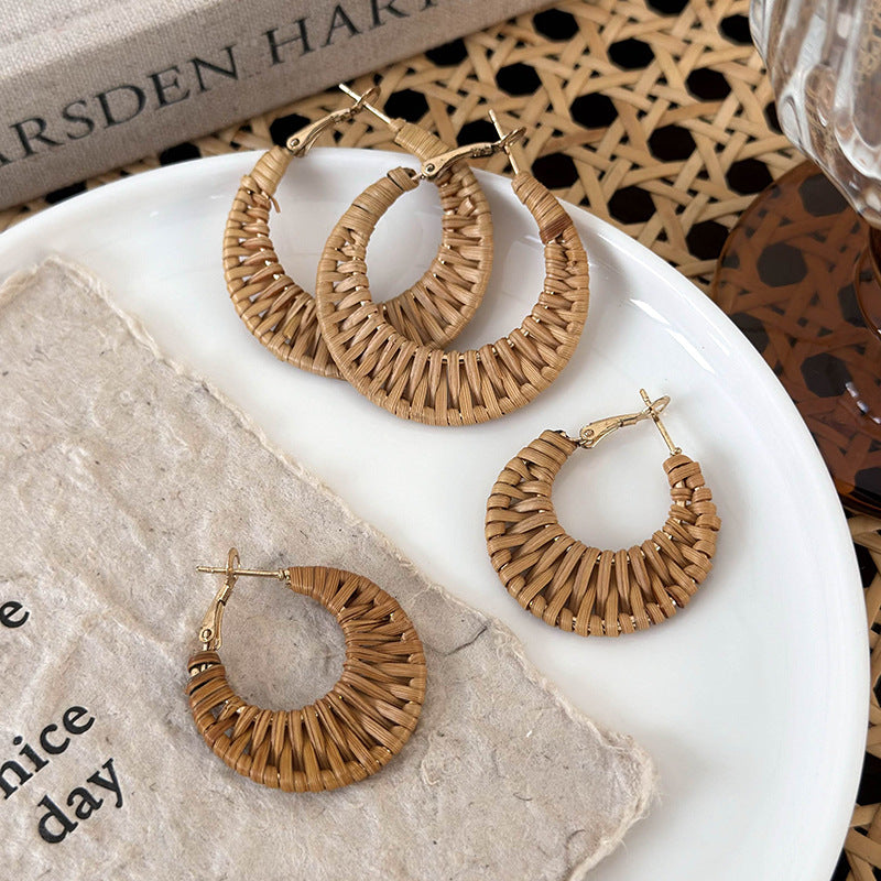 Women's Vacation Style Handmade Straw Woven Rattan For Seaside Graph Matching Earrings