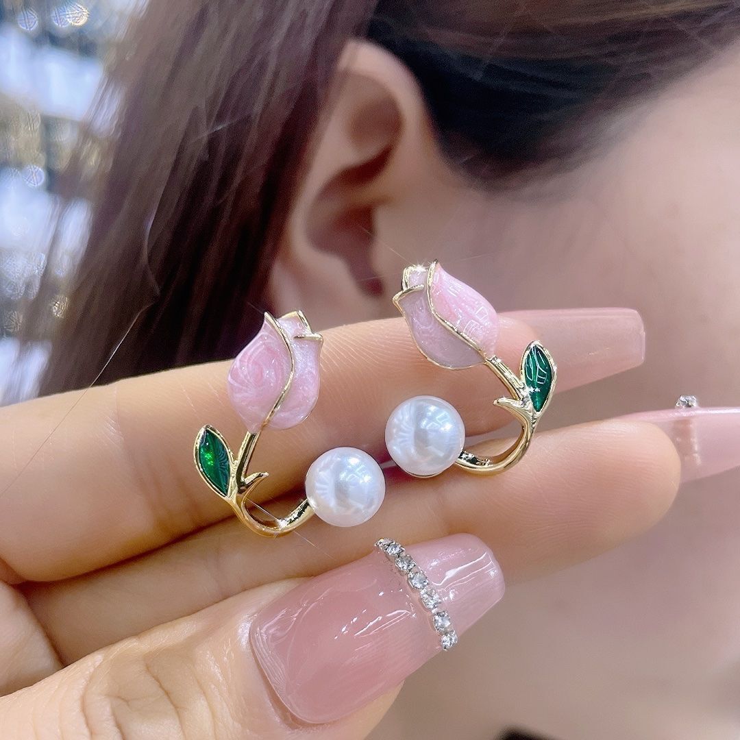 Pink Tulip Pearl Special Interest Light Luxury Design Eardrops Sweet Stud Earrings