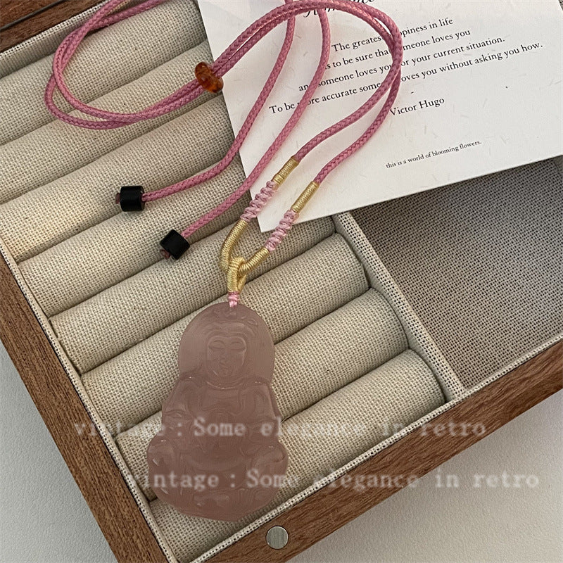 Natural Stone Chalcedony Lotus Root Pink Crystal Buddha Necklaces