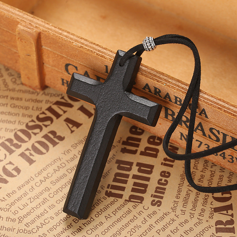 Retro Handmade Alloy Wood Cross Boys Necklace