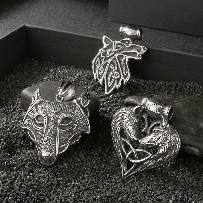 Men's King Horse Accessories Retro Viking Double Wolf Head Pendants