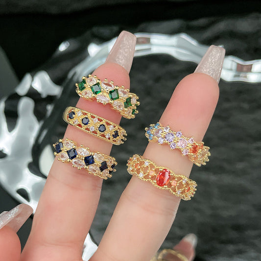 Lace Hollow Colorful Crystals Open Female Temperamental Rings