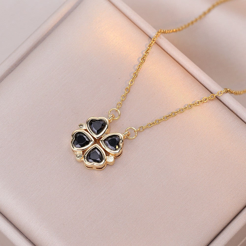 Women's Steel Cross Chain Open Close Four-leaf Flower Necklace