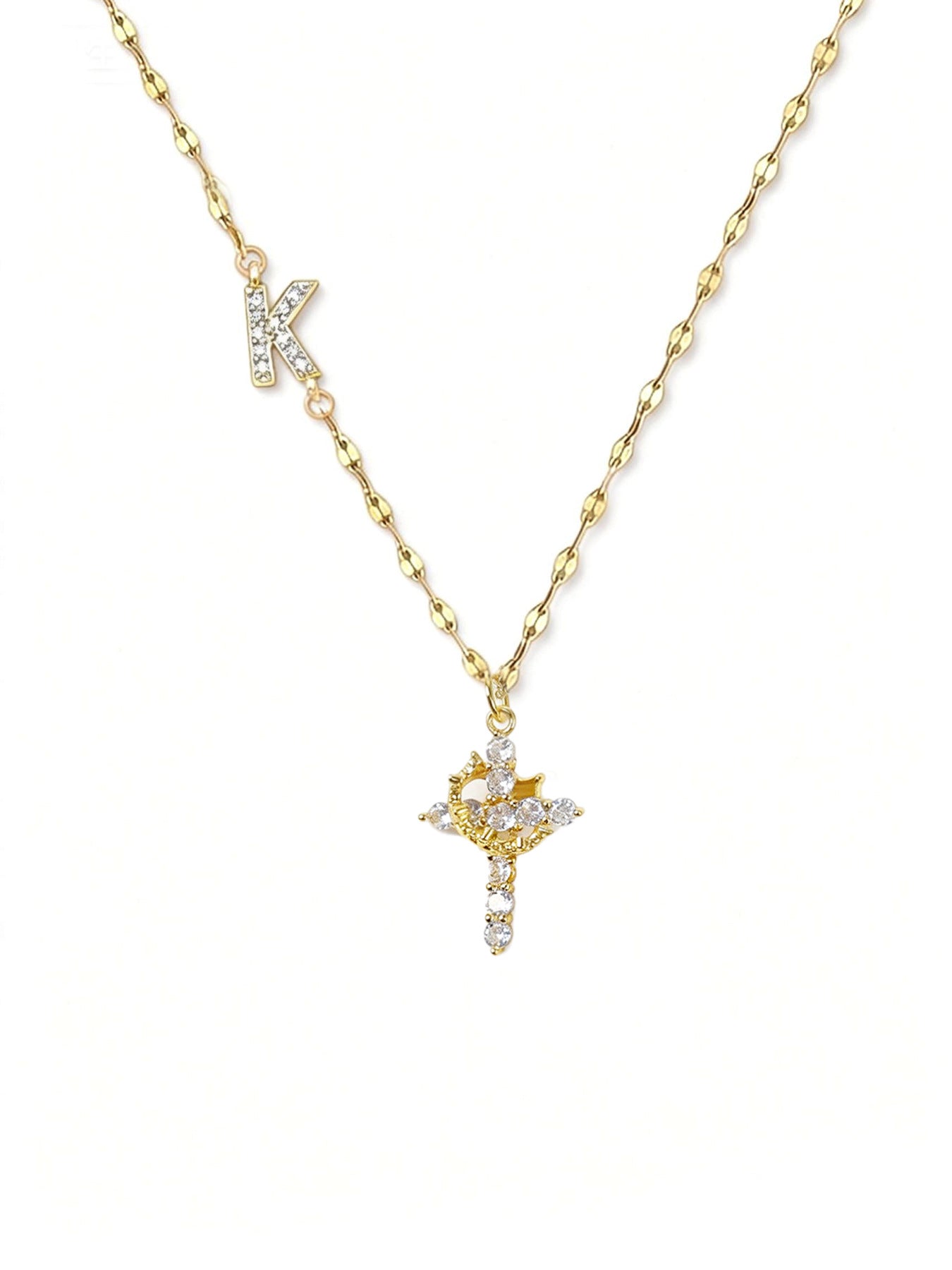 Full Diamond Rotatable Crown Cross With Letters Gold-plated Necklace