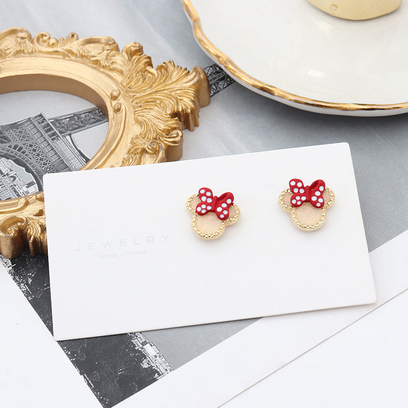 Creative Red Polka Dot Bow Cute Mickey Mouse Sweet Elegance Stud Earrings