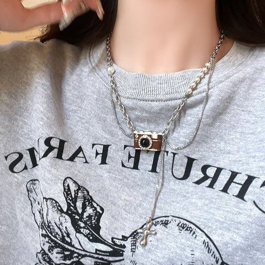 Women's Vintage Brown Camera For Design Personalized Hip Hop Twin Necklaces