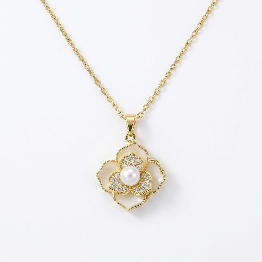 Women's Camellia Drop Oil Vintage Flower Rotating Design Degrees Clavicle Necklace