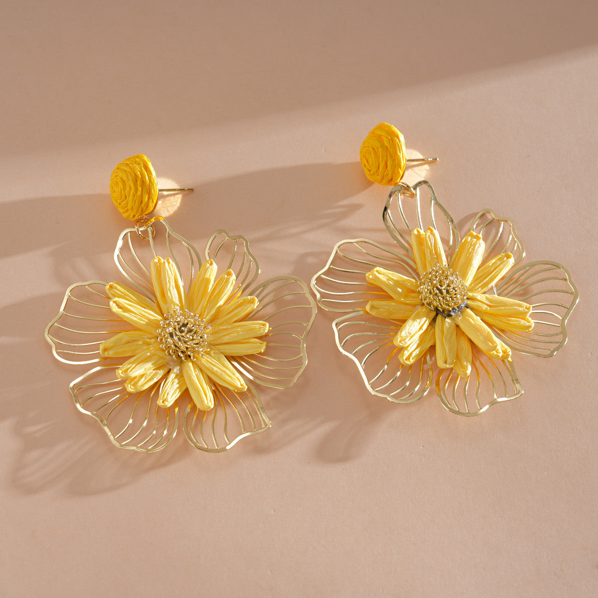 Vacation Style Metal Raffia Flower Sier Sweet Fresh Earrings