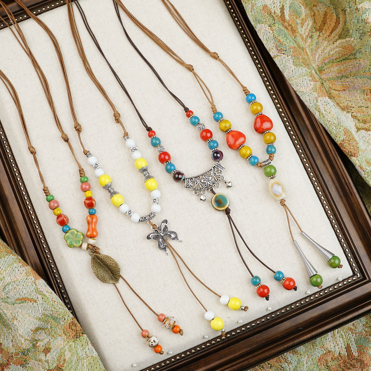 Colorful Beaded Ceramic Butterfly Braided Rope Chinese Ethnic Retro Light Necklaces