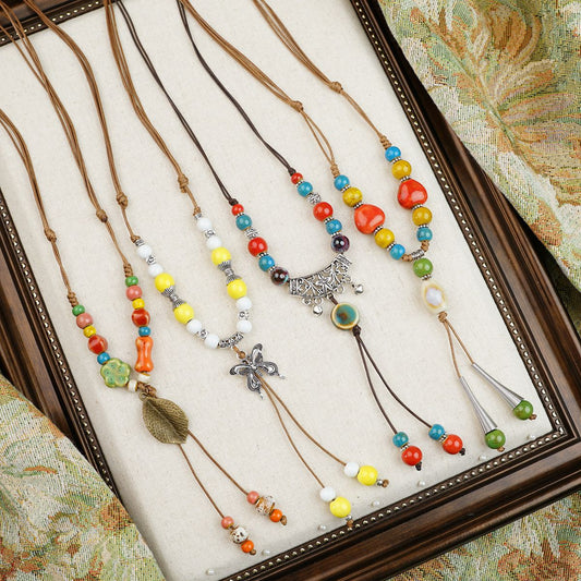 Colorful Beaded Ceramic Butterfly Braided Rope Chinese Ethnic Retro Light Necklaces
