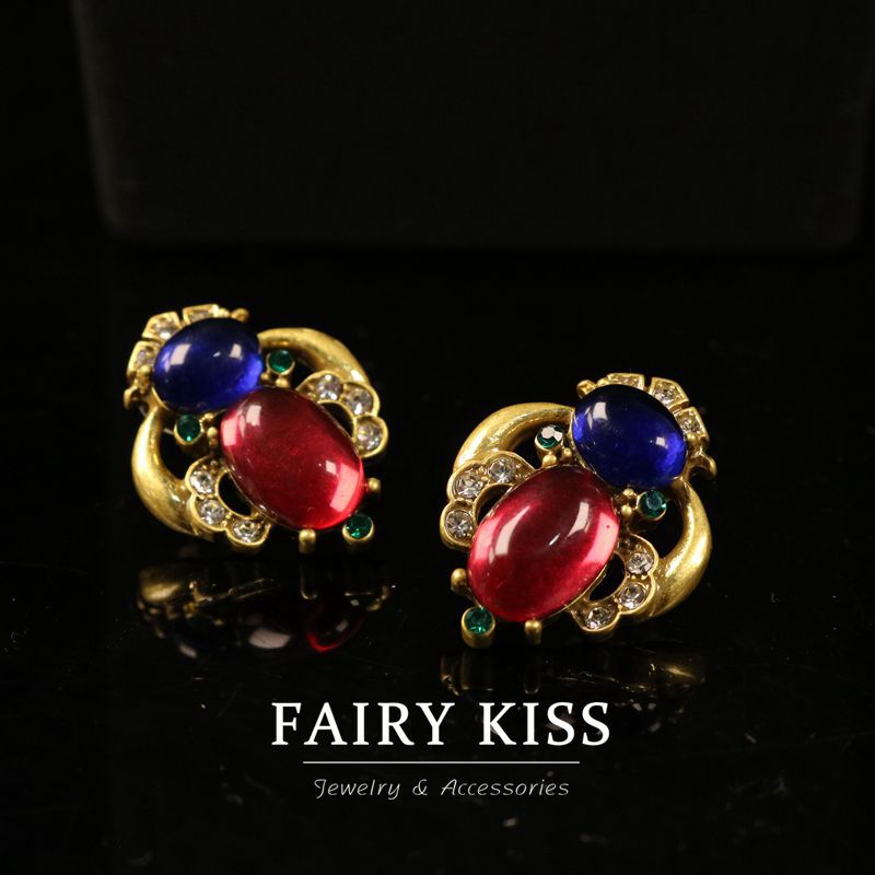 Elegant Retro Truncheon Brooch Colored Glaze Inlaid Refined Grace Jewelry Set