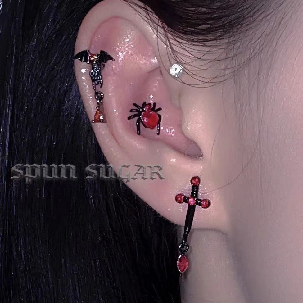 Dark Spider Jacinth Ear Bone Personality Gothic Stud Earrings