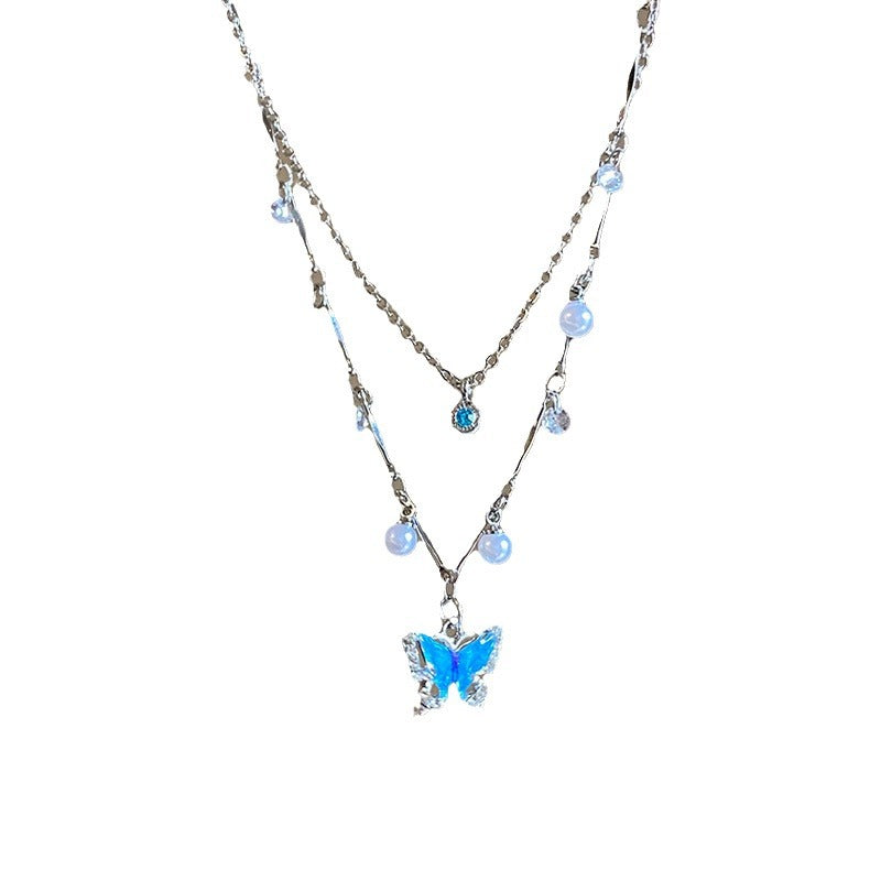 Summer Navy Blue Pearl Butterfly Female Necklace