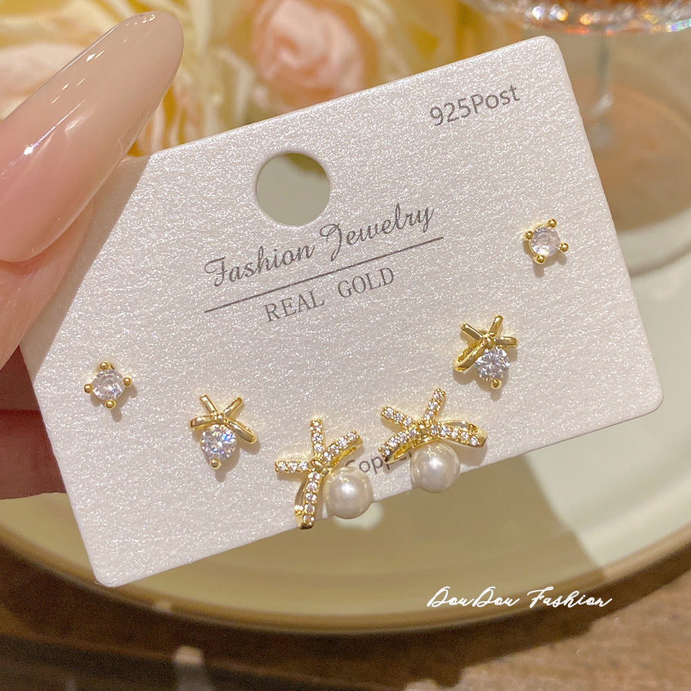 Women's Needle One Card Three Pairs Earings Small Delicate Summer High-grade Stud Earrings