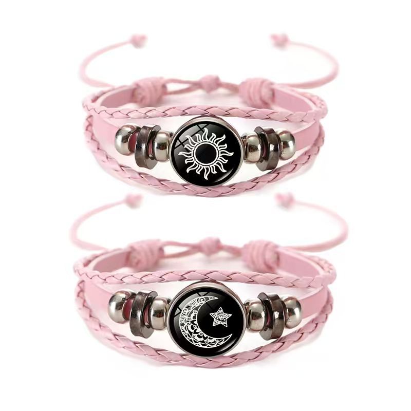 Sun Moon Lovers Time Stone Leather Unisex Woven Couple Gift Bracelet