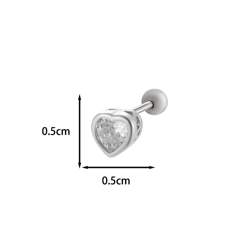 Loving Heart Zircon Ear Bone Pin Titanium Steel Screw Stud Earrings