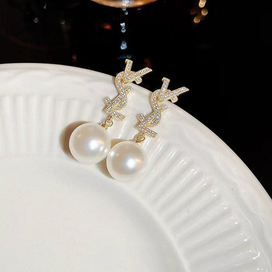 Sier Light Luxury Full Diamond Pearl Earrings