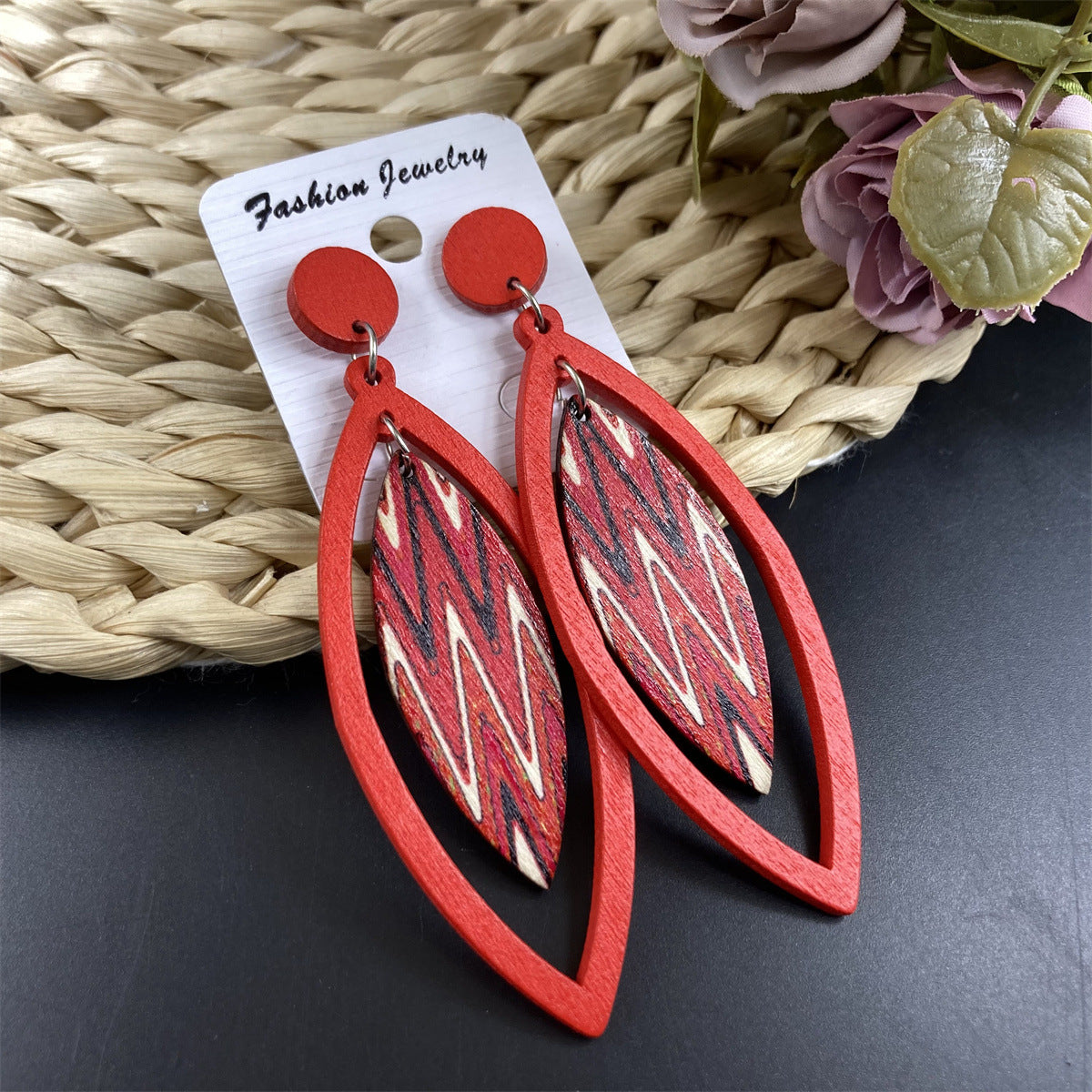 Bohemian High-key Eardrop Wooden Leaves Geometric Earrings