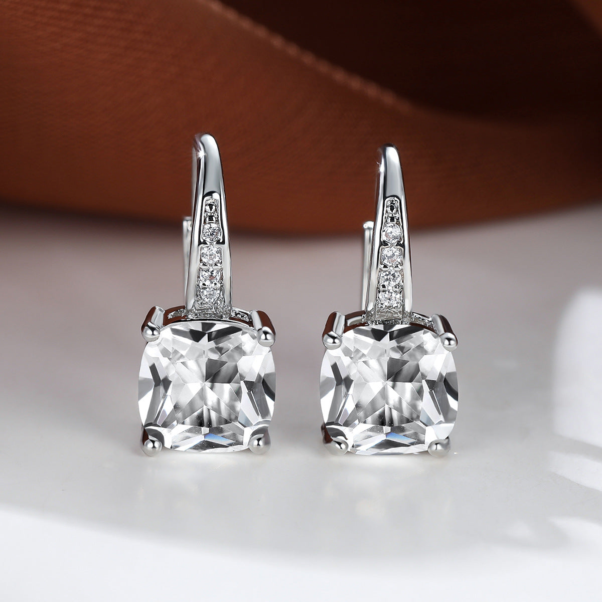 Women's Square Zircon Inlaid Ear Hook Korean Fashion Style Stud Earrings
