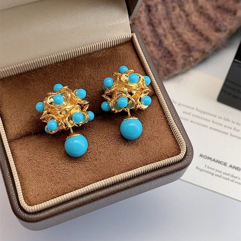 Women's French Retro Turquoise Full Diamond Bag Ear Clip Light Luxury Earrings