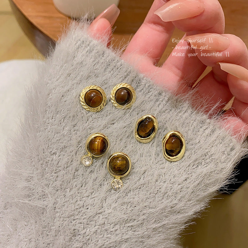Sier Needle Tigereye Female Advanced Design Sense Stud Earrings