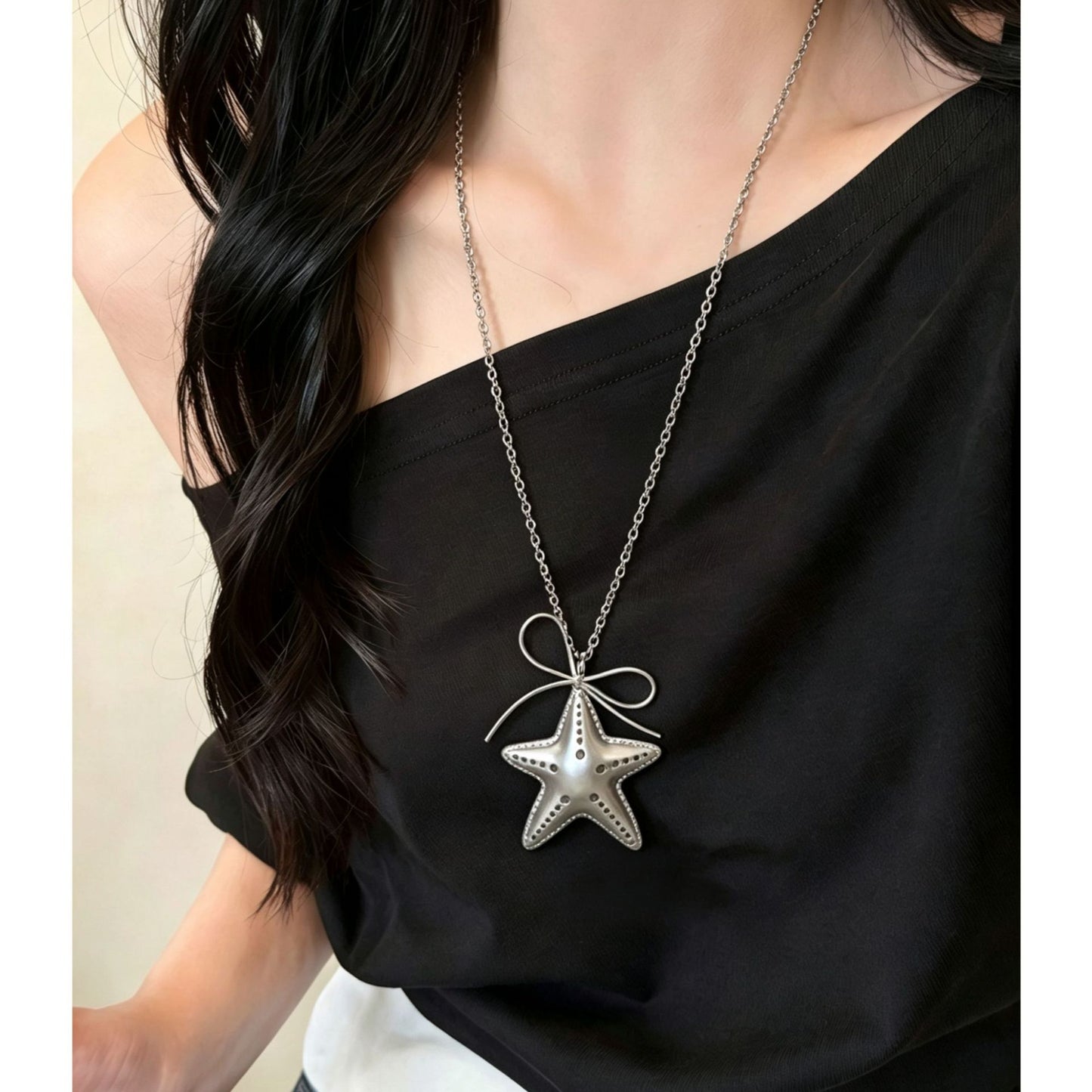 Women's Sweet Cool Hot Design Sier Bow Titanium Steel Long Necklace